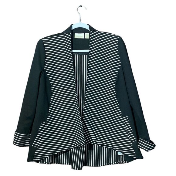 Chico’s Black White Striped Drape Blazer W/ Zipper Detail In Back Women's Small - Picture 1 of 13